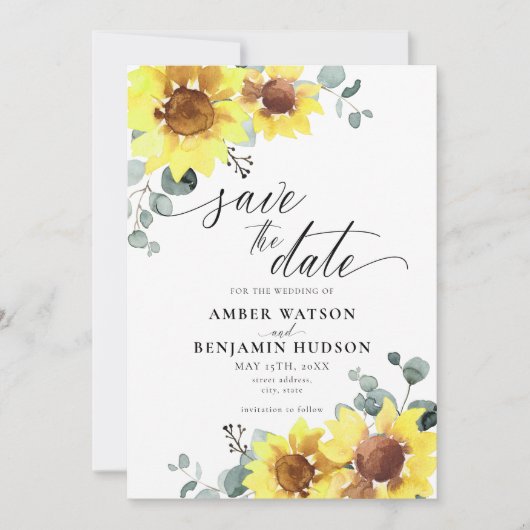 Elegant Sunflower Eucalyptus Floral Save the Date Kaart (Voorkant)