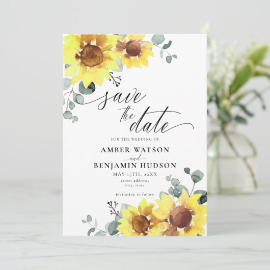 Elegant Sunflower Eucalyptus Floral Save the Date Kaart (Staand voorkant)