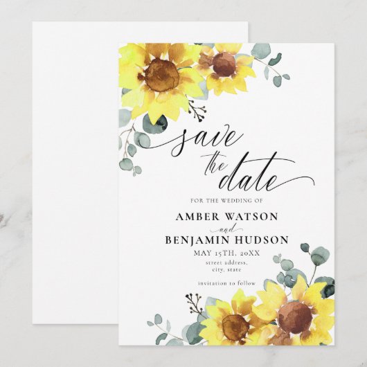 Elegant Sunflower Eucalyptus Floral Save the Date Kaart (Voorkant / Achterkant)