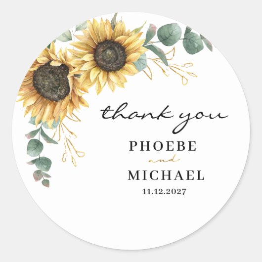 Elegant Sunflower Eucalyptus Floral Weddenschap Ronde Sticker (Voorkant)