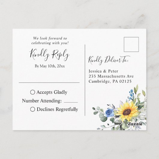 Elegant Sunflower Eucalyptus Floral Wedding RSVP Briefkaart (Achterkant)