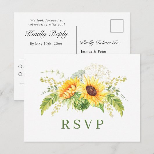 Elegant Sunflower Eucalyptus Floral Wedding RSVP Briefkaart (Voorkant / Achterkant)