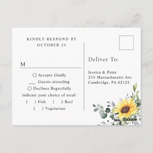 Elegant Sunflower Eucalyptus Floral Wedding RSVP Briefkaart (Achterkant)