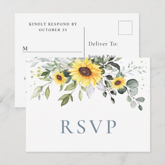Elegant Sunflower Eucalyptus Floral Wedding RSVP Briefkaart (Voorkant / Achterkant)