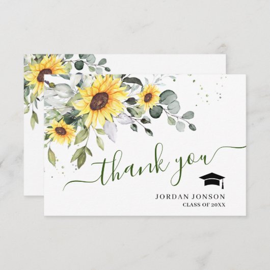 Elegant Sunflower Eucalyptus Foliage Afstuderen Bedankkaart (Voorkant / Achterkant)
