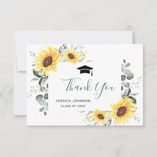 Elegant Sunflower Eucalyptus Foliage Afstuderen Bedankkaart (Voorkant)