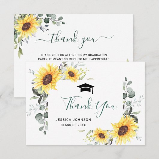 Elegant Sunflower Eucalyptus Foliage Afstuderen Bedankkaart (Voorkant / Achterkant)
