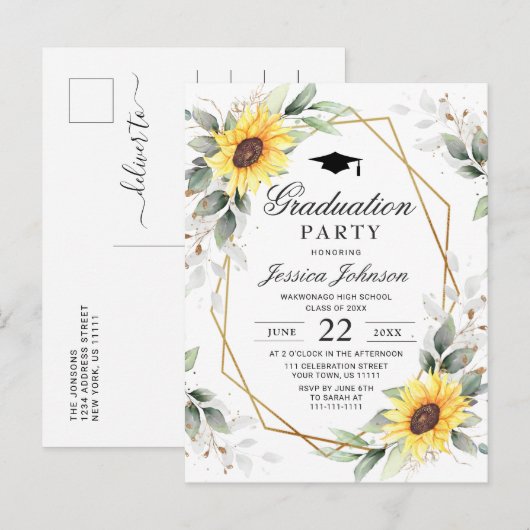 Elegant Sunflower Eucalyptus Graduation Party Aankondigingskaart (Voorkant / Achterkant)