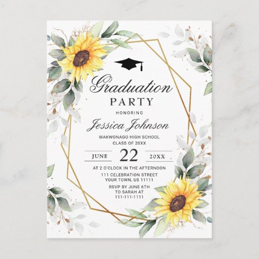 Elegant Sunflower Eucalyptus Graduation Party Aankondigingskaart (Voorkant)