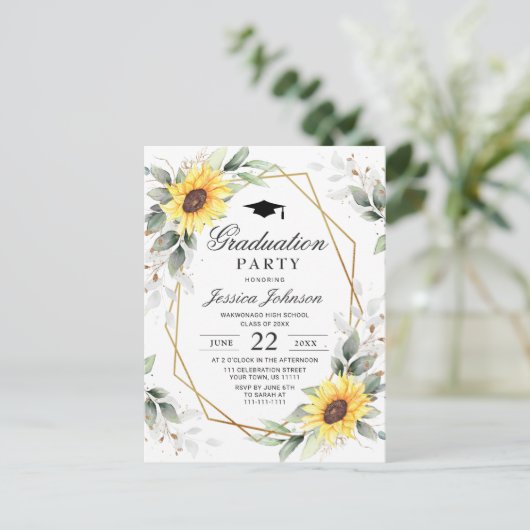 Elegant Sunflower Eucalyptus Graduation Party Aankondigingskaart (Staand voorkant)