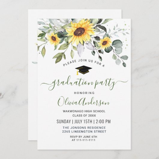 Elegant Sunflower Eucalyptus Graduation Party Kaart (Voorkant / Achterkant)