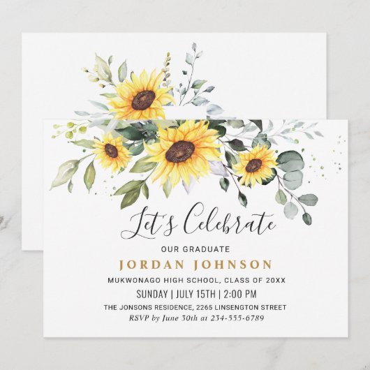Elegant Sunflower Eucalyptus Graduation Party Kaart (Voorkant / Achterkant)