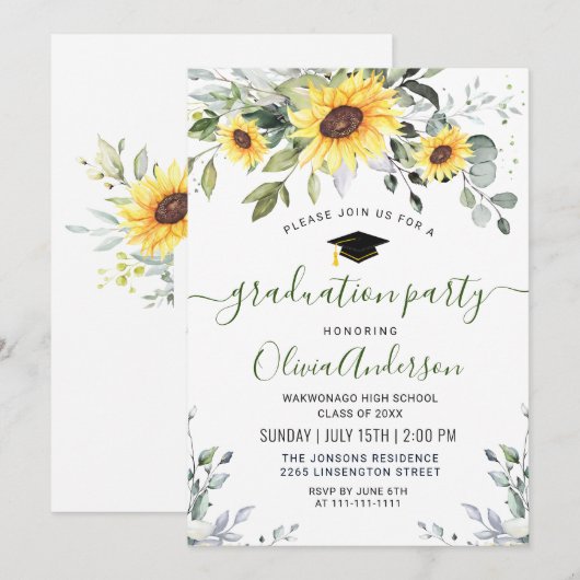 Elegant Sunflower Eucalyptus Graduation Party Kaart (Voorkant / Achterkant)