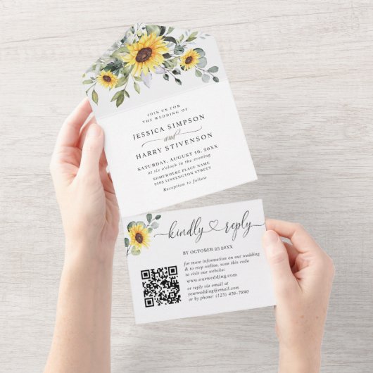 Elegant Sunflower Eucalyptus Greenery Wedding All In One Uitnodiging (Afscheurbaar)