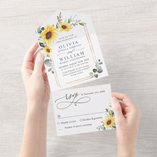 Elegant Sunflower Eucalyptus Greenery Wedding All In One Uitnodiging (Afscheurbaar)