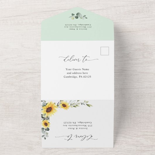 Elegant Sunflower Eucalyptus Greenery Wedding All In One Uitnodiging (Buitenkant)