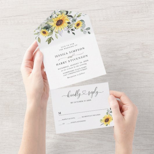Elegant Sunflower Eucalyptus Greenery Wedding All In One Uitnodiging (Afscheurbaar)