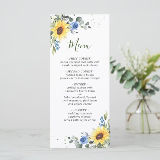 Elegant Sunflower Eucalyptus Greenery Wedding Menu (Staand voorkant)