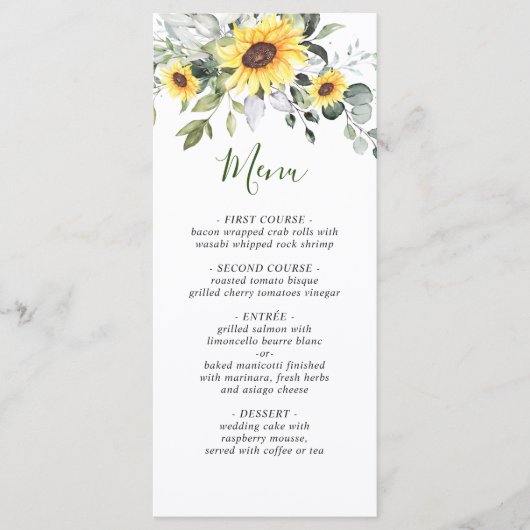 Elegant Sunflower Eucalyptus Greenery Wedding Menu (Voorkant)