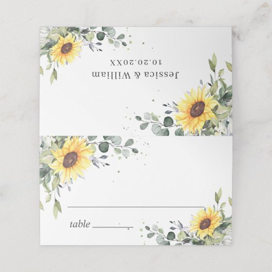 Elegant Sunflower Eucalyptus Greenery Wedding Plaatskaartje (Buitenkant ongevouwen)