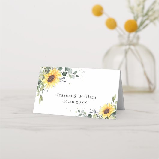Elegant Sunflower Eucalyptus Greenery Wedding Plaatskaartje (Achterkant)