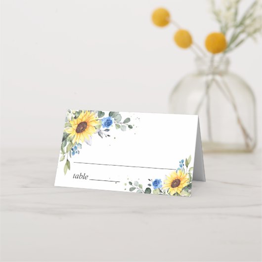 Elegant Sunflower Eucalyptus Greenery Wedding Plaatskaartje (Voorkant)