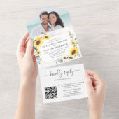 Elegant Sunflower Eucalyptus Greenery Wedding QR All In One Uitnodiging (Afscheurbaar)