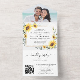 Elegant Sunflower Eucalyptus Greenery Wedding QR All In One Uitnodiging
