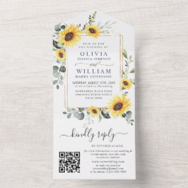 Elegant Sunflower Eucalyptus Greenery Wedding QR All In One Uitnodiging