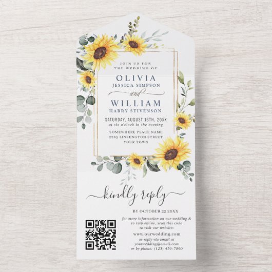 Elegant Sunflower Eucalyptus Greenery Wedding QR All In One Uitnodiging (Binnen)