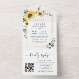 Elegant Sunflower Eucalyptus Greenery Wedding QR All In One Uitnodiging
