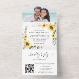 Elegant Sunflower Eucalyptus Greenery Wedding QR All In One Uitnodiging