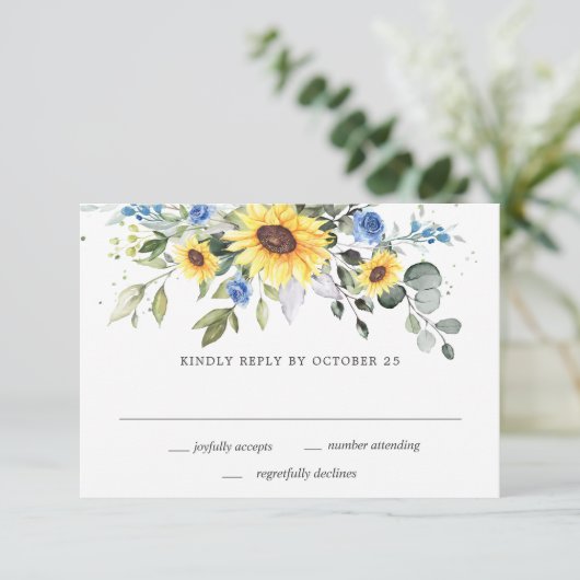 Elegant Sunflower Eucalyptus Greenery Wedding RSVP Kaartje (Staand voorkant)