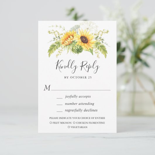 Elegant Sunflower Eucalyptus Greenery Wedding RSVP Kaartje (Staand voorkant)