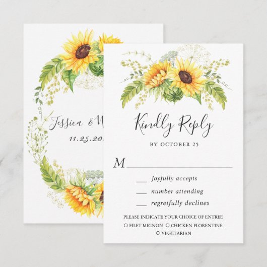 Elegant Sunflower Eucalyptus Greenery Wedding RSVP Kaartje (Voorkant / Achterkant)