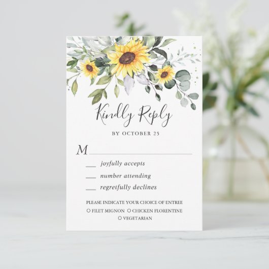 Elegant Sunflower Eucalyptus Greenery Wedding RSVP Kaartje (Staand voorkant)