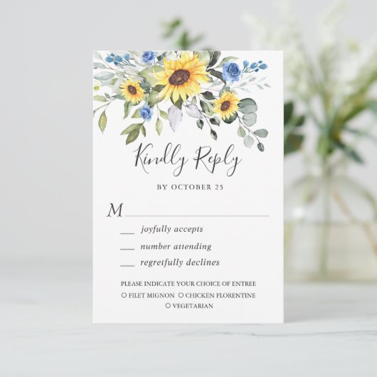 Elegant Sunflower Eucalyptus Greenery Wedding RSVP Kaartje (Staand voorkant)