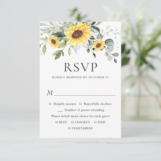 Elegant Sunflower Eucalyptus Greenery Wedding RSVP Kaartje (Staand voorkant)