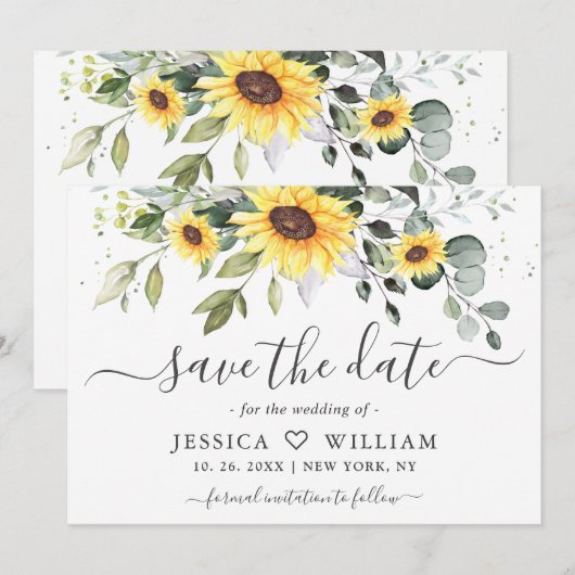Elegant Sunflower Eucalyptus Greenery Wedding Sav Save The Date (Voorkant / Achterkant)