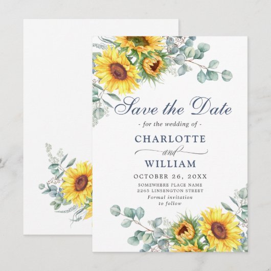 Elegant Sunflower Eucalyptus Greenery Wedding Save The Date (Voorkant / Achterkant)