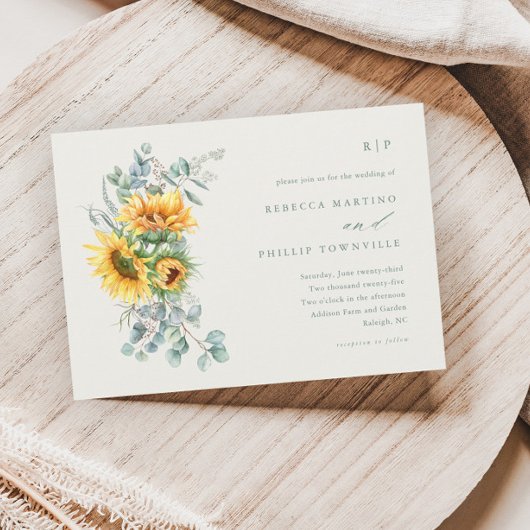 Elegant Sunflower Eucalyptus Ivory Fall Wedding Kaart