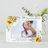 Elegant Sunflower Eucalyptus PHOTO Weddenschap Save The Date (Staand voorkant)