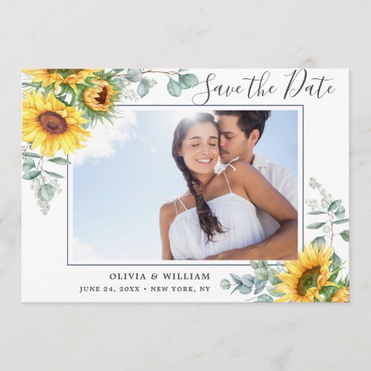Elegant Sunflower Eucalyptus PHOTO Weddenschap Save The Date (Voorkant)