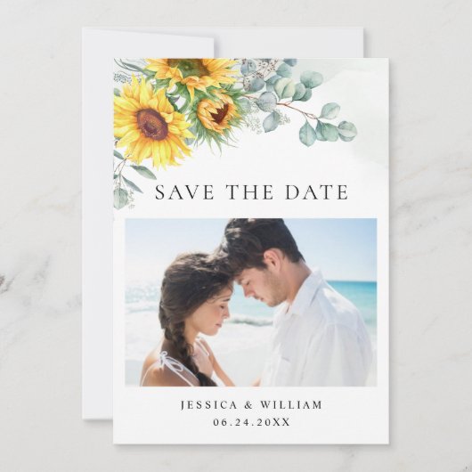 Elegant Sunflower Eucalyptus PHOTO Weddenschap Save The Date (Voorkant)