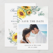 Elegant Sunflower Eucalyptus PHOTO Weddenschap Save The Date (Voorkant / Achterkant)