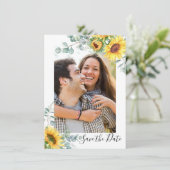 Elegant Sunflower Eucalyptus PHOTO Weddenschap Save The Date (Staand voorkant)