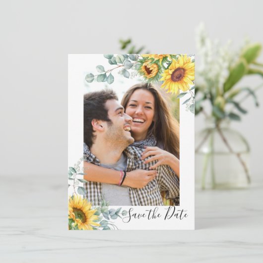 Elegant Sunflower Eucalyptus PHOTO Weddenschap Save The Date (Staand voorkant)