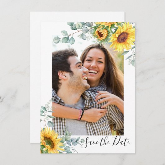 Elegant Sunflower Eucalyptus PHOTO Weddenschap Save The Date (Voorkant / Achterkant)