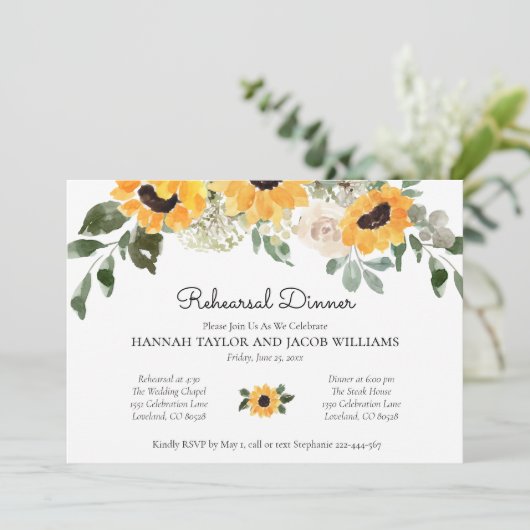 Elegant Sunflower Eucalyptus Rehearsal Dinner Kaart (Staand voorkant)
