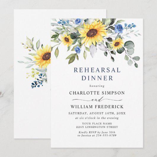 Elegant Sunflower Eucalyptus REHEARSAL DINNER Kaart (Voorkant / Achterkant)
